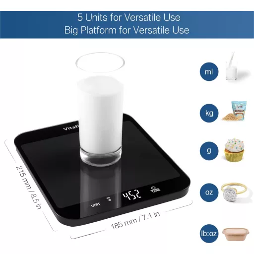 Vitafit 15 kg digitális konyhai mérleg 1g pontossággal, nagy platform, fekete