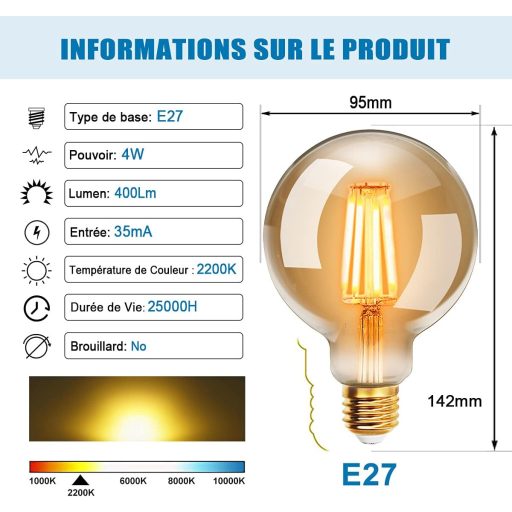 EXTRASTAR G95 E27 Bec LED Edison Vintage, 4W Alb Cald 2200K, Bec Decorativ Retro cu Filament, Înlocuitor Bec 40W, 2 buc