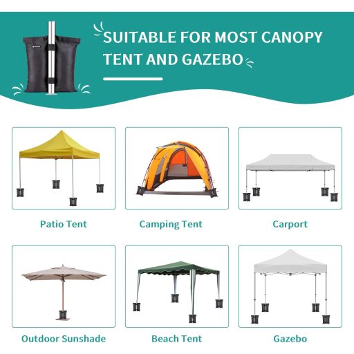 BROSYDA 4 darabos homokzsák szett sátor rögzítéshez, 25 kg-os súlyozott lábzsák, fekete