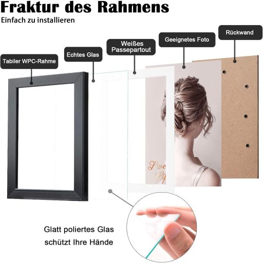 Egofine fekete képkeret szett 13x18 cm, 4 db üvegezett fa fotókeret, 10x15 cm-es képekhez