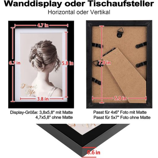 Egofine fekete képkeret szett 13x18 cm, 4 db üvegezett fa fotókeret, 10x15 cm-es képekhez