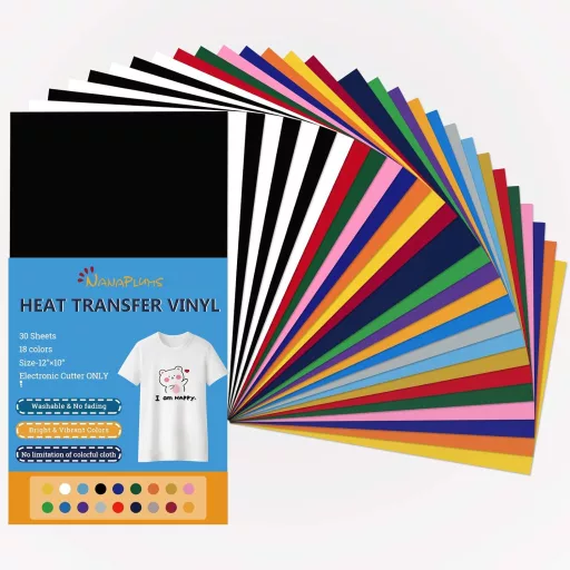 NANAPLUMS Textil Hőtranszfer Fólia Szett - 30 db A4 Vasalható Vinyl Fólia 18 Színben - Pólóra, Textilre, Ruhára - Mosható, Tartós