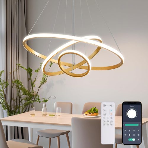 KAUCQI 180 cm LED Függőlámpa 3 Arany Gyűrűvel - Távirányítós, Dimmelhető, Állítható Magasságú Modern Csillár Étkezőbe, Nappaliba, Konyhába