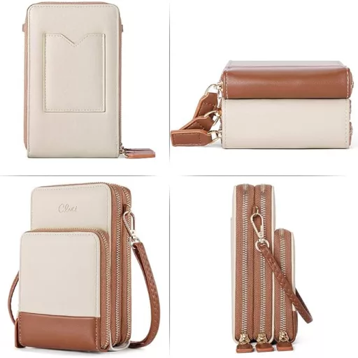 CLUCI női bőr válltáska telefontartó kártyatartóval bézs-barna L