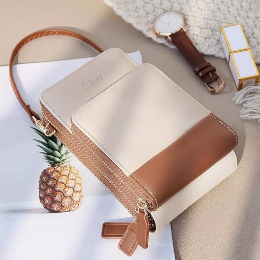 CLUCI női bőr válltáska telefontartó kártyatartóval bézs-barna L