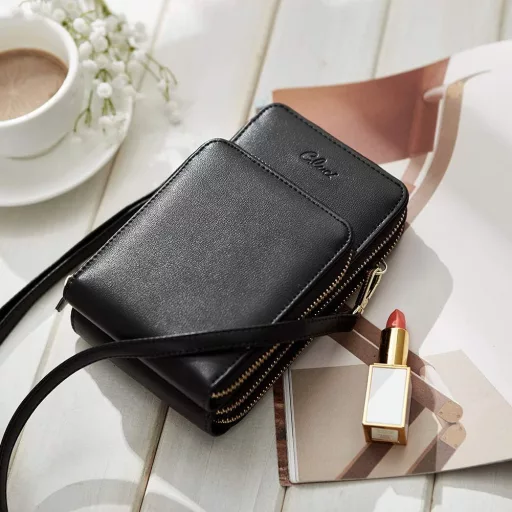 CLUCI Geantă de umăr mică de damă pentru telefon mobil - Geantă crossbody din piele cu suport pentru carduri, neagră, husă de telefon compactă cu portofel