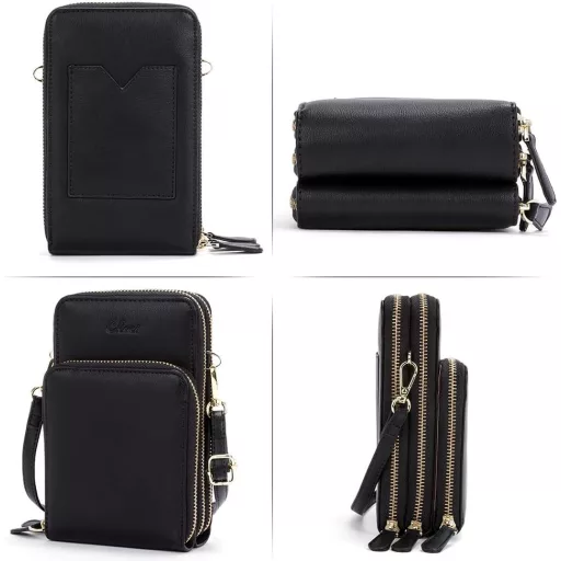 CLUCI Geantă de umăr mică de damă pentru telefon mobil - Geantă crossbody din piele cu suport pentru carduri, neagră, husă de telefon compactă cu portofel