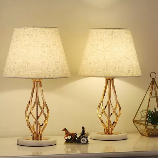 Set de 2 Lămpi de Noptieră LIANTRAL, Culoare Aur Roz - Lămpi de Masă Moderne cu Bază de Marmură și Abajur Bej din In, pentru Dormitor, Living