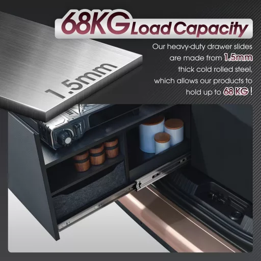 Set șine sertar SHUHANG 800mm - Glisiere sertar cu rulmenți cu bile, extensie completă și blocare, capacitate 68kg, montare laterală, 1 pereche