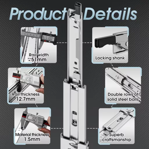 Set șine sertar SHUHANG 800mm - Glisiere sertar cu rulmenți cu bile, extensie completă și blocare, capacitate 68kg, montare laterală, 1 pereche