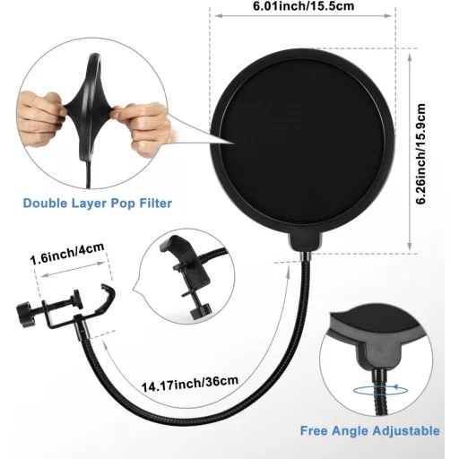 BILIONE Asztali Mikrofon Állvány Állítható Pop Filter Shock Mount Adapterrel