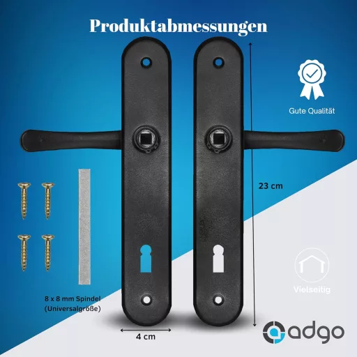 ADGO Set kvaka za vrata crna - Aluminijska unutarnja kvaka s ključanicom - Duga ploča 72 mm - Set kvaka 2 komada