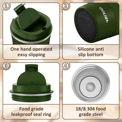 Aolieh Termo Putna Šalica 380ml Zelena - Nehrđajući Čelik, Poklopac na Stiskanje