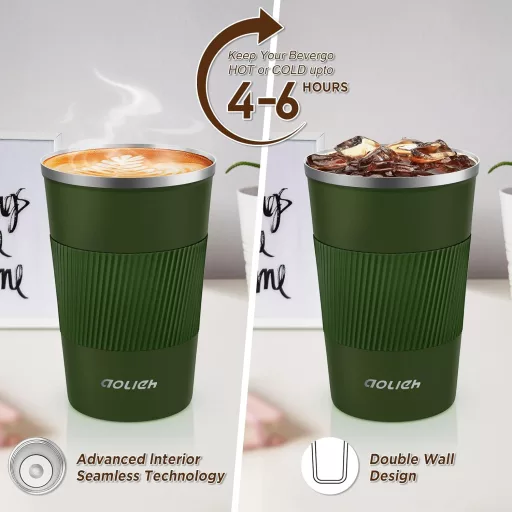 Aolieh Cană Termică de Voiaj 380ml Verde - Oțel Inoxidabil, Capac Etanș