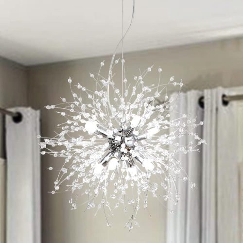Lustră modernă LynPon, cromată, cu 8 brațe, tip artificii Sputnik, lampă de tavan, candelabru cu cristale Pitypang, pentru dormitor, living, sufragerie.