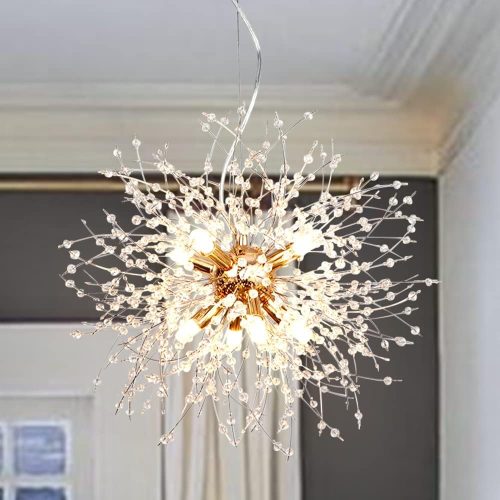 Lustră Modernă Aurie LynPon cu 8 Brațe, Tip Artificii Sputnik, Lampă de Tavan, Candelabru Cristal Păpădie, pentru Dormitor, Living, Sufragerie