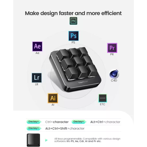 VAYDEER Makro Klávesnica - Programovateľná Mini Mechanická Herná Klávesnica s 9 Vlastnými Tlačidlami, 6 Funkčnými Vrstvami, Kompatibilná s Windows a MacOS