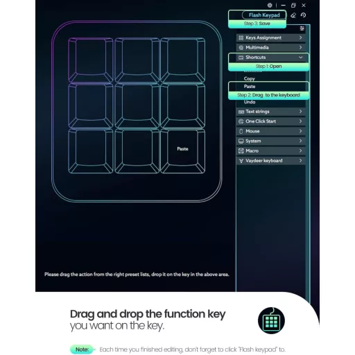 VAYDEER Makró Billentyűzet - Programozható Mini Mechanikus Gamer Keyboard 9 Egyedi Gombbal, 6 Funkcióréteggel, Windows és MacOS Kompatibilit