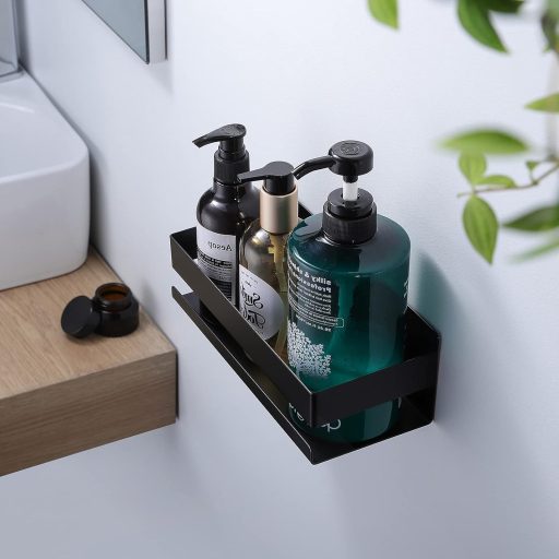 YIGII Raft pentru Baie din Oțel Inoxidabil, Negru, Fără Găurire, Suport pentru Șampon