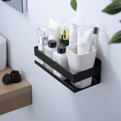 YIGII Raft pentru Baie din Oțel Inoxidabil, Negru, Fără Găurire, Suport pentru Șampon