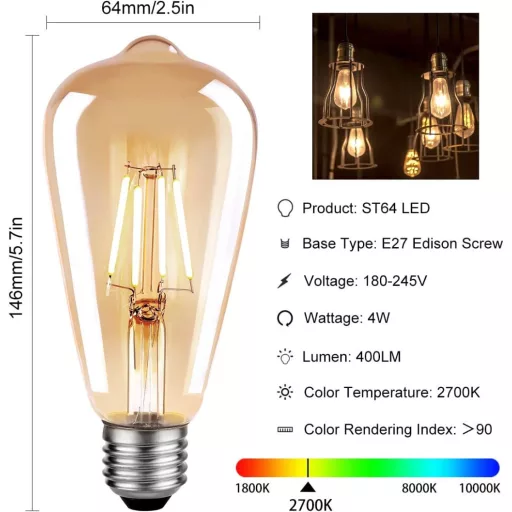 Blewandy E27 Vintage Edison LED izzó 6W meleg fehér 2700K retro 3db