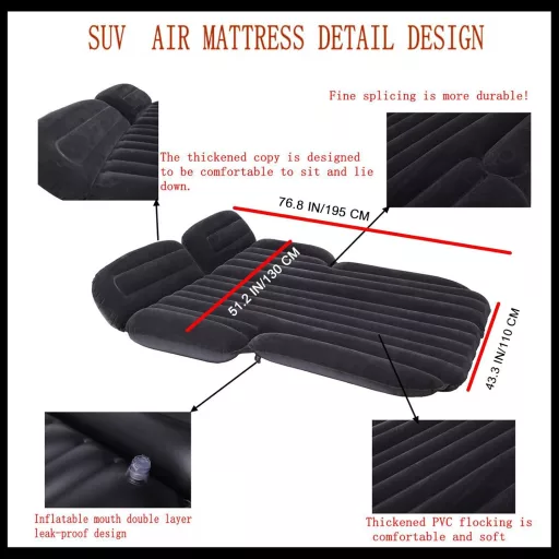 Icelus Autós Felfújható Matrac SUV-hoz - 185x130x15 cm PVC Kemping Ágy Hátsó Ülésre, Elektromos Pumpával, Utazáshoz, Kempinghez