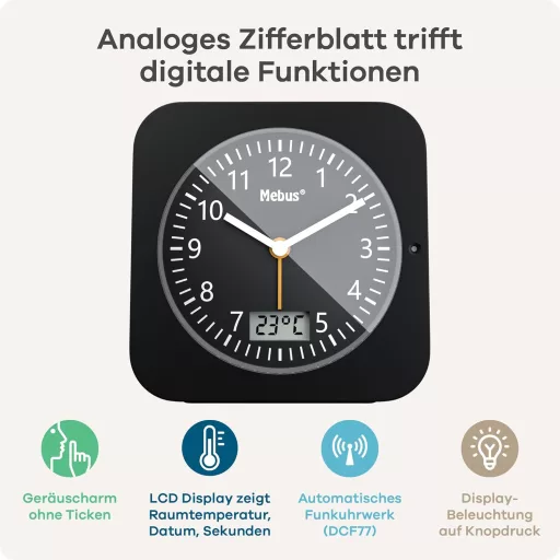 Mebus 25609 Rádiós Ébresztőóra Hőmérővel, Dátumkijelzéssel és Hátlámpa Funkcióval - Single, Black