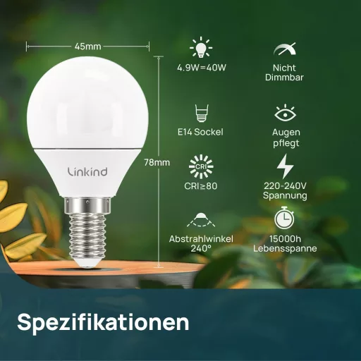 Linkind E14 LED Bec Golf P45/G45 4.9W, 500 Lumeni, 5000K Alb Natural, Echivalent 40W, Formă Picătură, Pachet cu 6 Bucăți