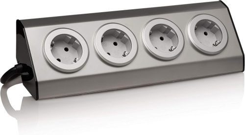 Vorex Rozsdamentes Acél Sarok Konnektor - 4 Schuko Aljzat USB-vel, Ezüst, Öntapadós, 45°-os Szerelés, Konyhai-Irodai Munkalaphoz, 3600W, 230