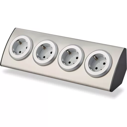 Vorex Nerezový Rohový Konektor - 4 Zásuvky Schuko s USB, Strieborný, Samolepiaci, 45° Montáž, Pre Kuchynské-Kancelárske Pracovné Dosky, 3600W, 230V