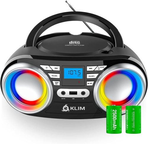 KLIM Boombox B3 Hordozható CD Lejátszó FM Rádióval - Bluetooth, USB, AUX Csatlakozás, RGB LED Világítás, Újratölthető Akkumulátor, Digitális