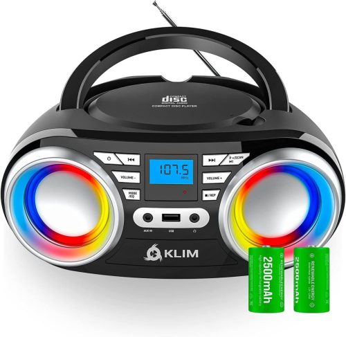 KLIM Boombox B3 Hordozható CD Lejátszó FM Rádióval - Bluetooth, USB, AUX Csatlakozás, RGB LED Világítás, Újratölthető Akkumulátor, Digitális