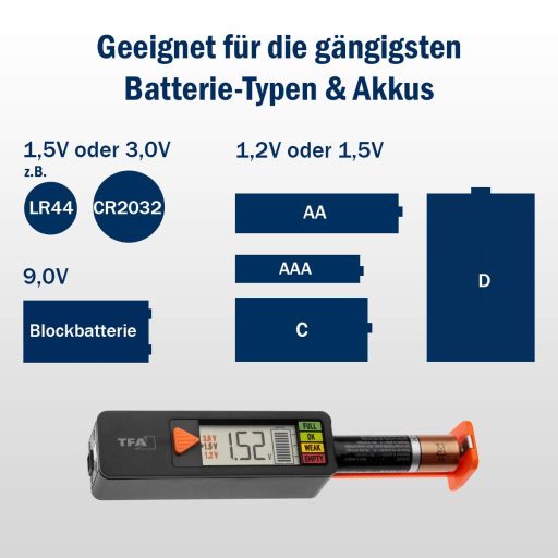 TFA Dostmann BatteryCheck digitális elemteszter AAA AA C D gombelem 9V