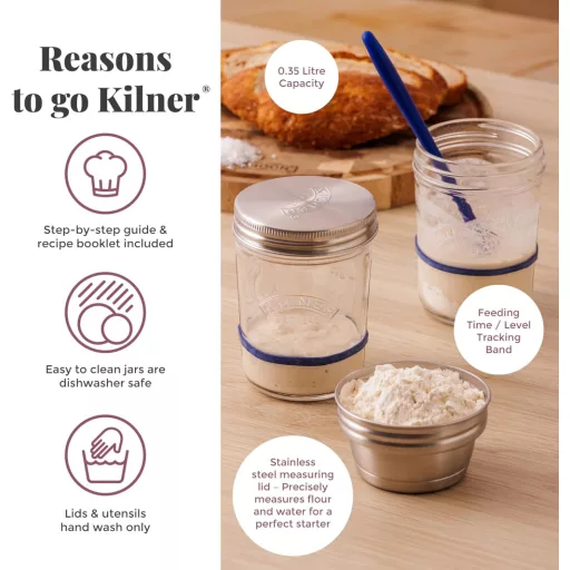 Kilner Kovászindító Készlet 5 Részes, 2x350ml Üveg Rozsdamentes Fedéllel és Spatulával - Sourdough Starter Set