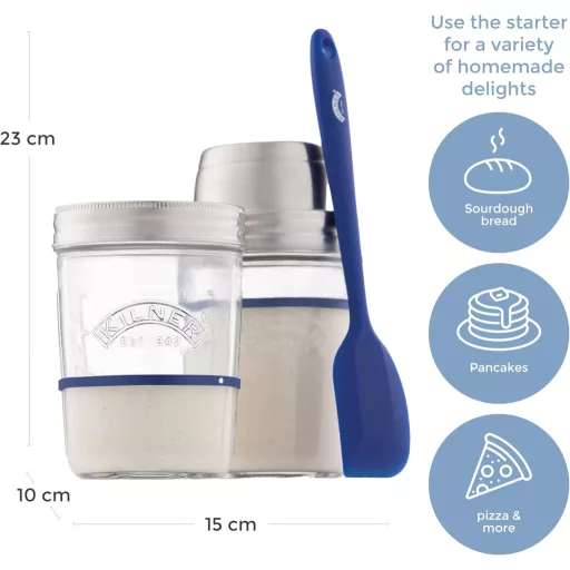 Kilner Kovászindító Készlet 5 Részes, 2x350ml Üveg Rozsdamentes Fedéllel és Spatulával - Sourdough Starter Set
