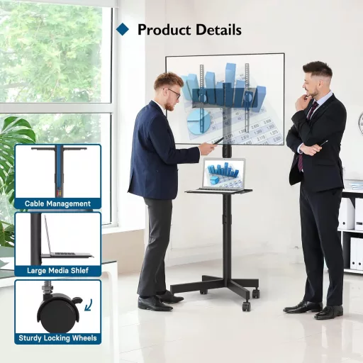 BONTEC Gurulós TV Állvány 23-60" Képernyőkhöz, Laptoptartó Polccal, Állítható Magasságú, 25 kg Teherbírású, VESA 400x400 mm Kompatibilis