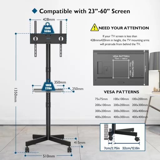 Suport TV mobil BONTEC pentru ecrane de 23-60", cu raft pentru laptop, înălțime reglabilă, capacitate de încărcare 25 kg, compatibil VESA 400x400 mm