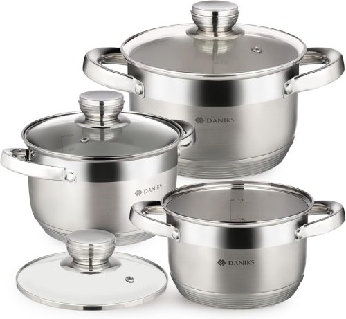 Set de vase din oțel inoxidabil Daniks, 3 dimensiuni, compatibil cu plitele cu inducție, cu capace de sticlă, 1.9L/2.9L/4.75L, pentru paste.