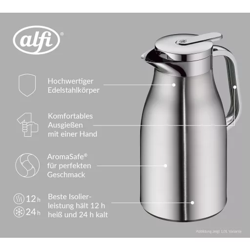 Alfi Skyline 1,5L rozsdamentes termoszkancsó vákuum üveggel, 12 órás hőtartás - 1,5L, Stainless Steel Mat