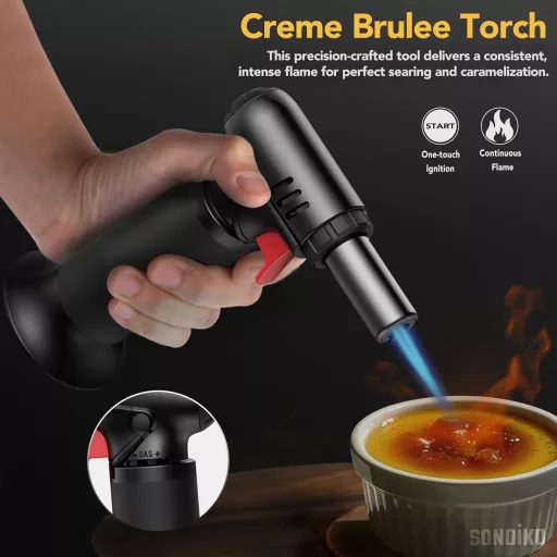 Sondiko S907 Konyhai Gázpisztoly Üzemanyagszint Jelzővel - Újratölthető Crème Brûlée Égő Biztonsági Zárral Sütéshez, Desszertekhez, Kempinge - Black