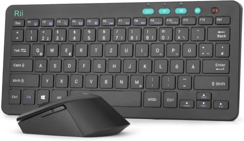 Set tastatură și mouse wireless Rii, tastatură compactă 2.4G cu mouse, compatibil cu laptop, PC și Smart TV, layout German QWERTZ,