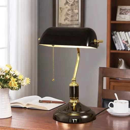 LANMOU Retro stolná lampa s čiernym skleneným tienidlom - Vintage bankárska lampa s ťahovým vypínačom, nočná lampa v starožitnom knižničnom štýle do spálne