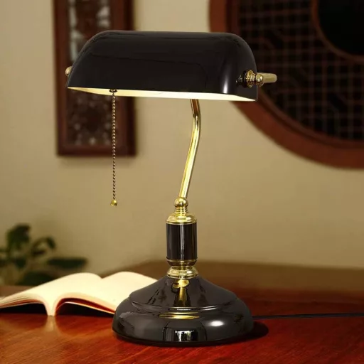 LANMOU Retro stolná lampa s čiernym skleneným tienidlom - Vintage bankárska lampa s ťahovým vypínačom, nočná lampa v starožitnom knižničnom štýle do spálne