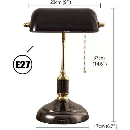 LANMOU Retro stolná lampa s čiernym skleneným tienidlom - Vintage bankárska lampa s ťahovým vypínačom, nočná lampa v starožitnom knižničnom štýle do spálne