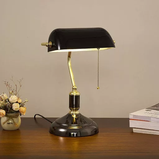 Lampă de birou retro LANMOU, cu abajur negru din sticlă - Lampă vintage de bancher cu întrerupător cu lanț, lampă de noptieră în stil antic de bibliotecă, pentru dormitor