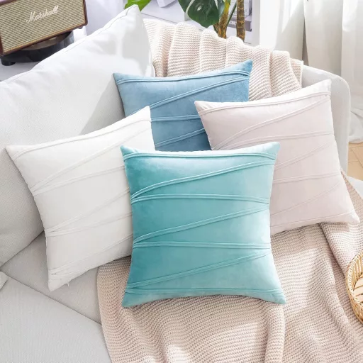 MIULEE 2 db-os Csíkos Bársony Díszpárnahuzat, Rejtett Cipzárral, 50x50 cm, Tejfehér