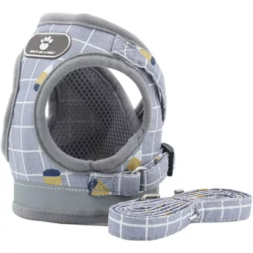 FEimaX Postroj pre psa s vodítkom - Mäkký, priedušný sieťovaný postroj pre malé psy a mačky, nastaviteľný, reflexný, veľkosť M, sivý