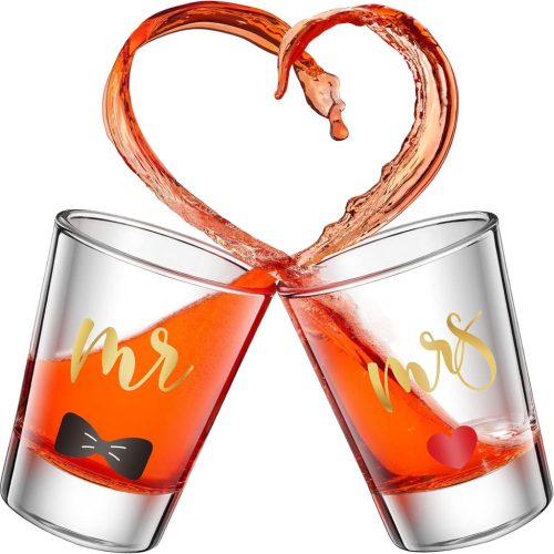 Patelai Mr and Mrs Arany Esküvői Pálinkás Pohár Szett - 2 db Elegáns Üveg Pohár Párnak, Nászajándék, Eljegyzési Ajándék, Évfordulóra, 60ml