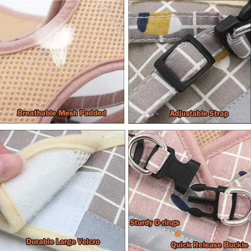 FEimaX Kisállat Hám Pórázzal - Puha Hálós Kutyahám Kistestű Kutyáknak és Macskáknak, Állítható, Fényvisszaverő, Légáteresztő Mellény Khaki S