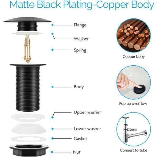 Chonphan Matt Fekete Mosdó Lefolyó Szelep Pop-Up Rendszer Túlfolyás Nélkül